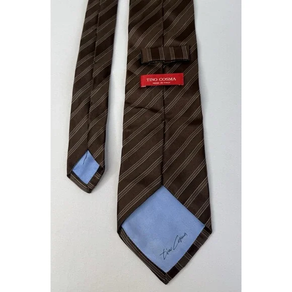 Tino Cosma Italy Silk Tie Brown Silver Stripe Classic Necktie Made in Italy - Picture 3 of 3